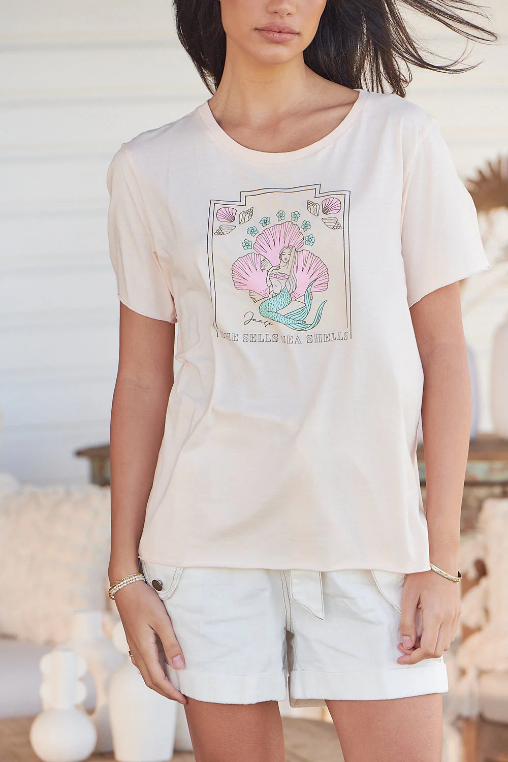 Jaase Ariel Sea Shell Vintage Graphic T-Shirt with Raw Edge Round Neck - Peach Dust - Image 5