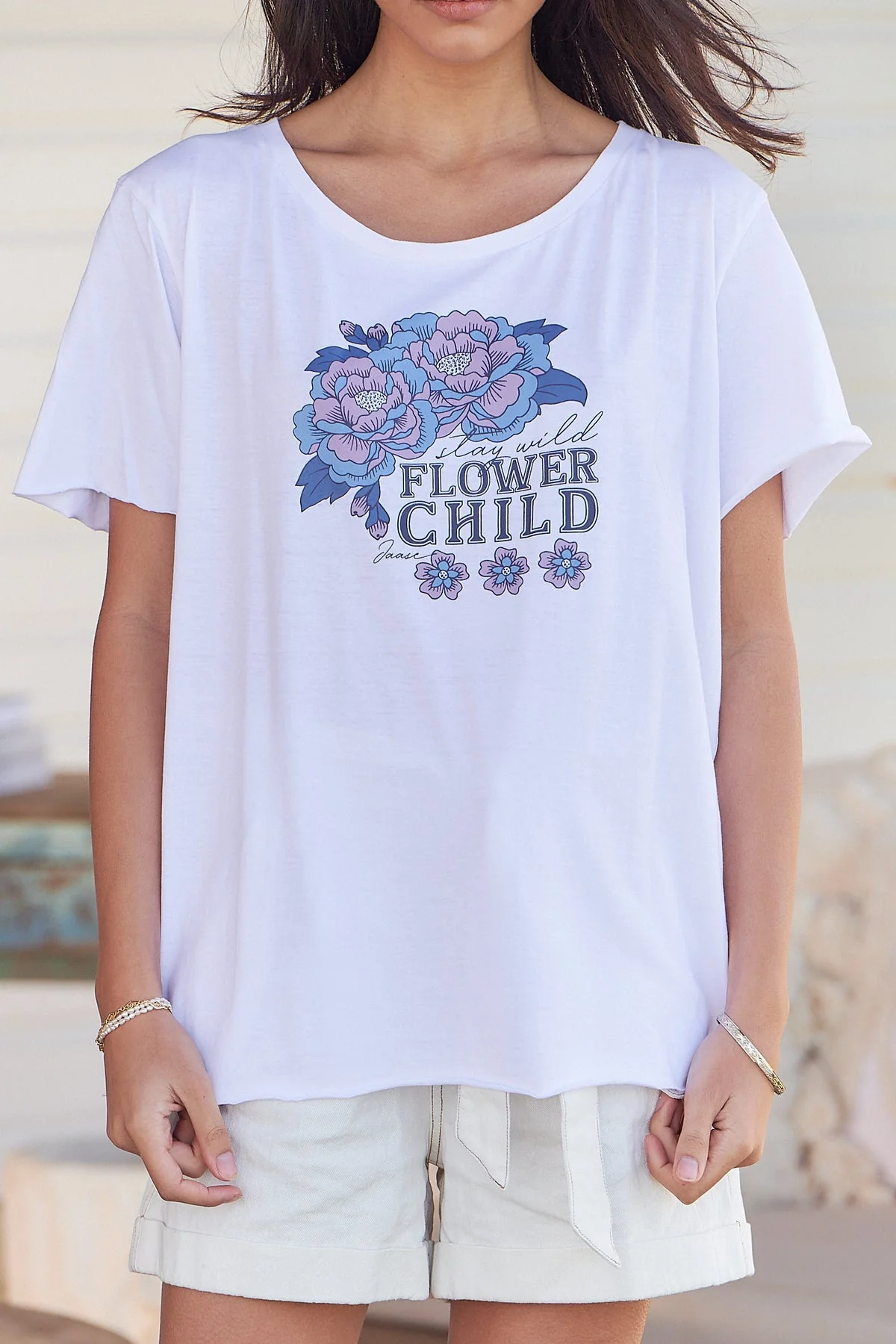 Jaase Flower Child Vintage Graphic T-Shirt with Raw Edge Round Neck - White - Image 4
